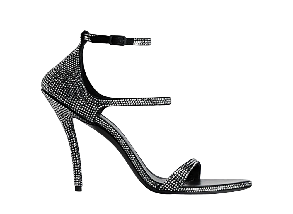 BALENCIAGA Women's Honey 110mm Sandal in Suede Goatskin with Rhinestones "BlackGrey"