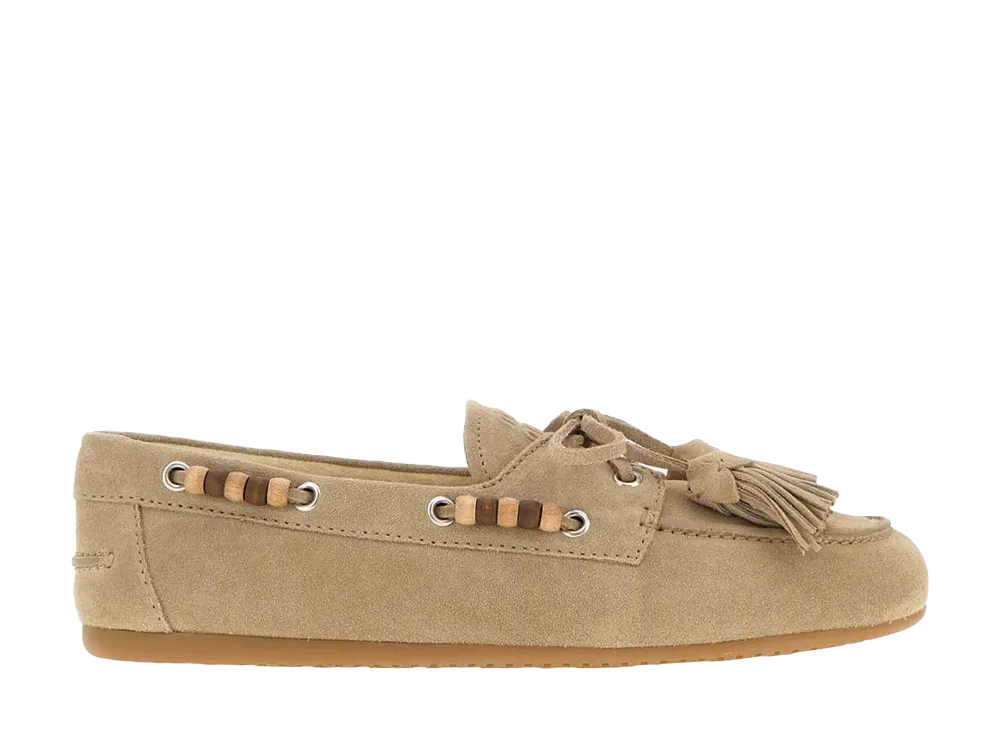 MIU MIU Women's Suede Deck Shoes with Tassels "Desert Beige"