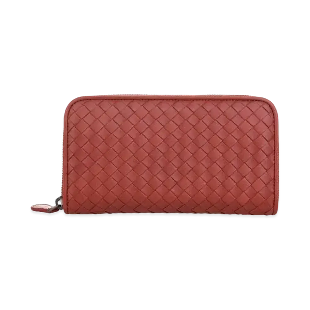 Bottega Veneta Intrecciato Lambskin Zip Around Wallet "Burned Red"