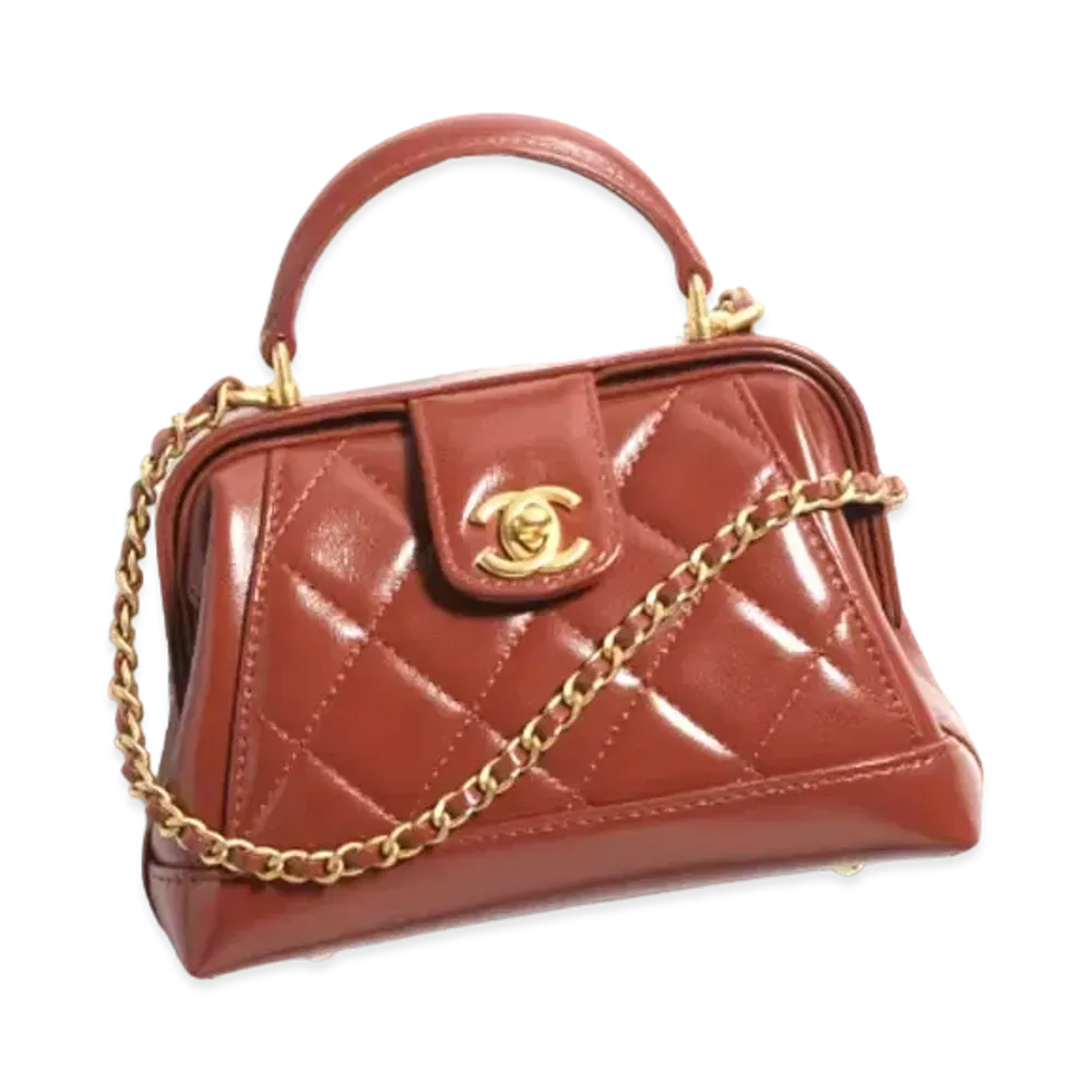 CHANEL Mini Bag with Top Handle Shiny Lambskin & Gold-Tone Metal "Brown"