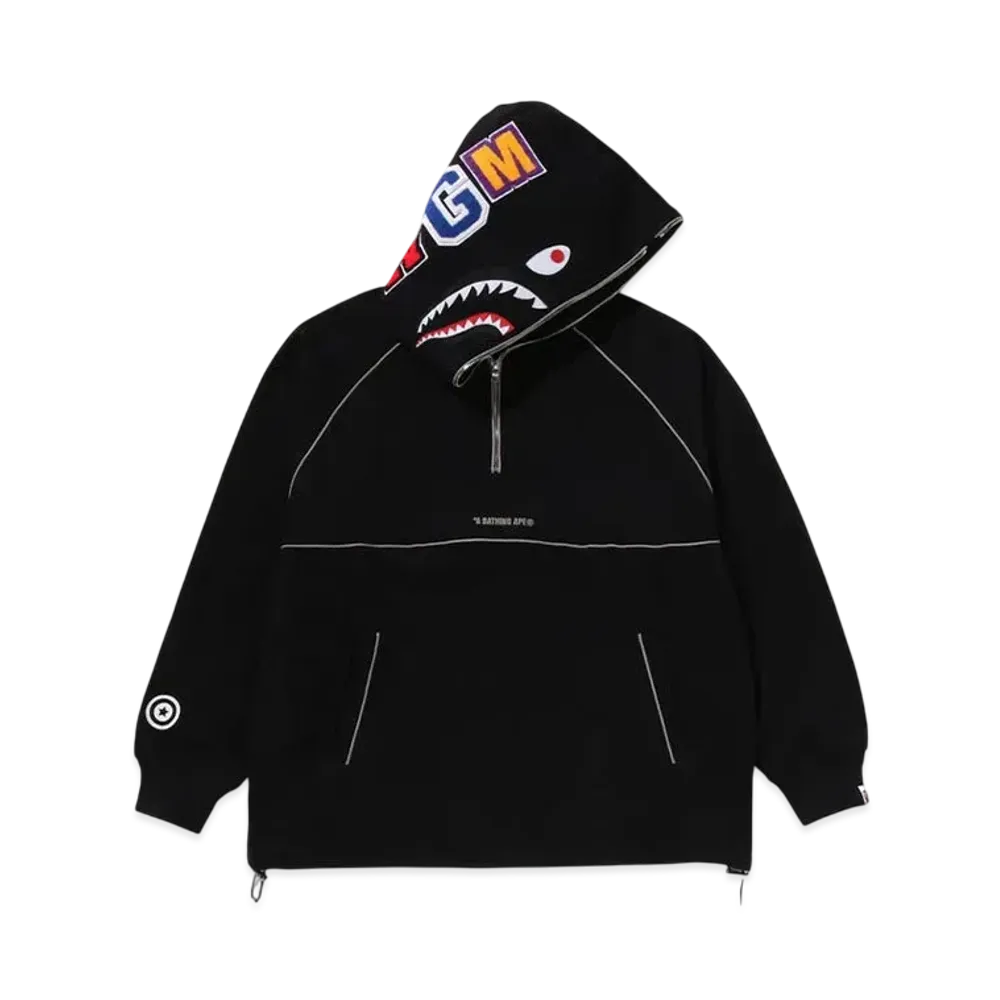 A BATHING APE Shark Logo Half Zip Relaxed Fit Pullover Hoodie "Black"