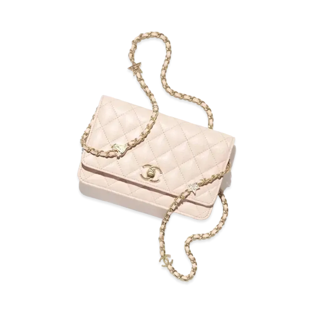 CHANEL Wallet On Chain Shiny Grained Calfskin Enamel Strass & Gold Tone Metal "Pink"