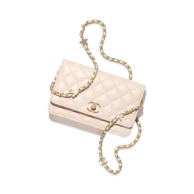 CHANEL Wallet On Chain Shiny Grained Calfskin Enamel Strass & Gold Tone Metal "Pink"