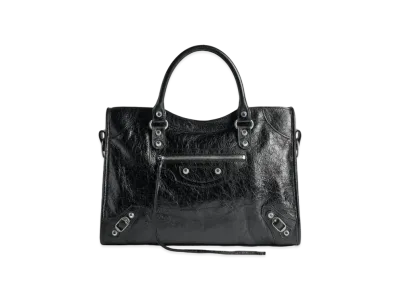BALENCIAGA Le City Medium Bag Arena Lambskin, Shiny Silver Hardware "Black"