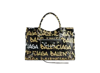 BALENCIAGA Le City Medium Bag in Funky Font Allover Logo Printed Arena Lambskin, Shiny Silver Hardware "Black/Beige"