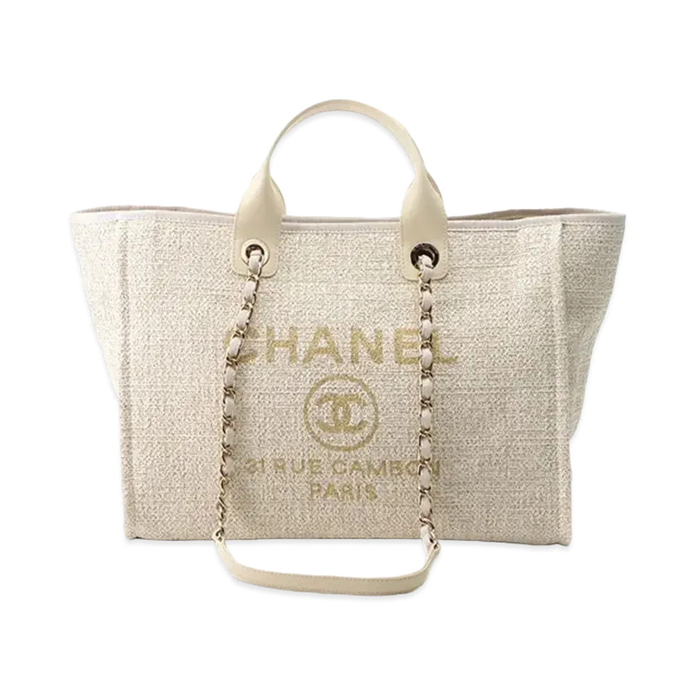CHANEL Medium Deauville Tote Canvas "White/Gold"