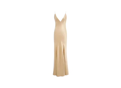 Saint Laurent Women's V-Neck Dress in Silk Satin "Beige"