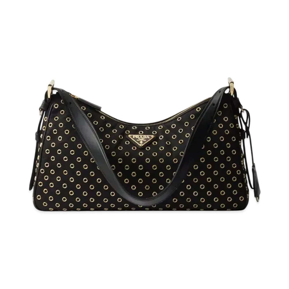 PRADA Aimee Large Re-Nylon Shoulder Bag with Grommet Detail "Black"