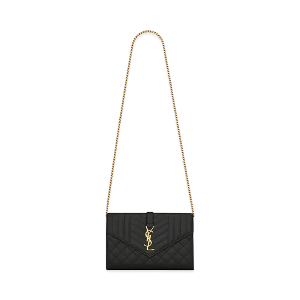 Saint Laurent Monogram Chain Wallet In Mix Matelasse Grain De Poudre Embossed Leather "Black"