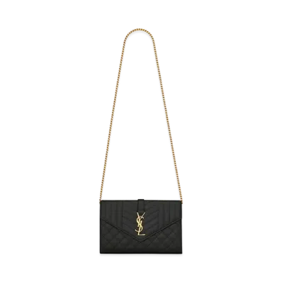 Saint Laurent Monogram Chain Wallet In Mix Matelasse Grain De Poudre Embossed Leather "Black"