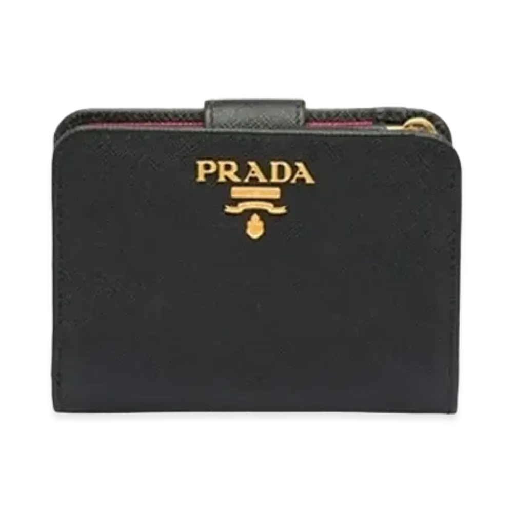 PRADA Small Saffiano Leather Wallet "Black/Hibiscus"