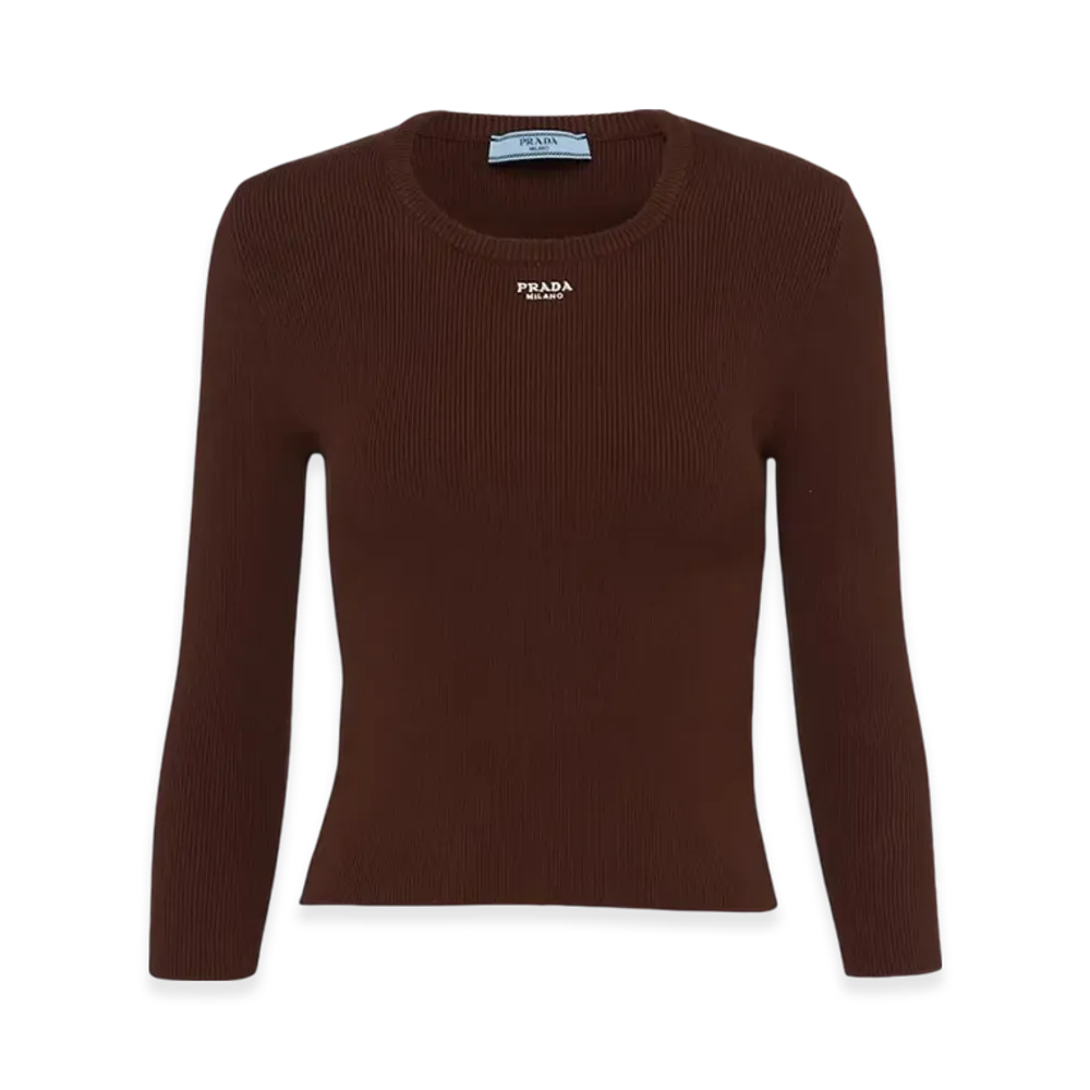 PRADA Women's Cotton Sweater with Embroidered Logo "Cocoa Brown"