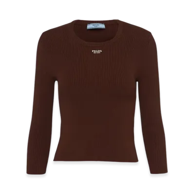 PRADA Women's Cotton Sweater with Embroidered Logo "Cocoa Brown"