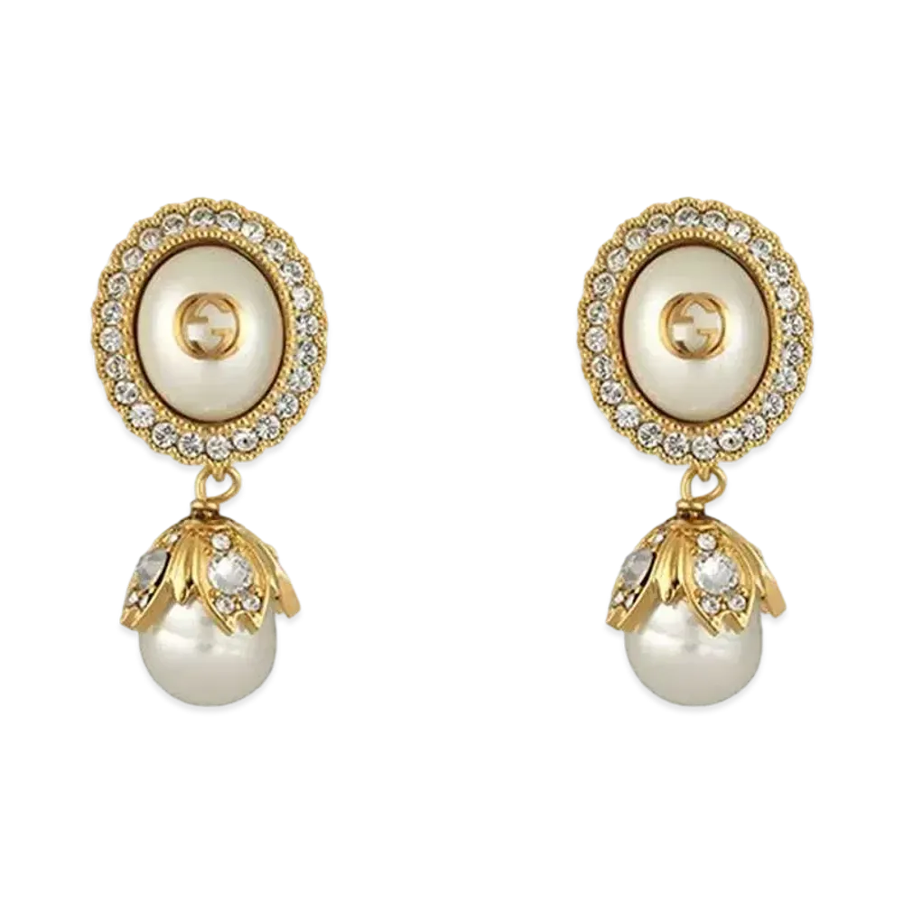 GUCCI Interlocking G Pearl Earrings Tone Metal "Antique Gold"