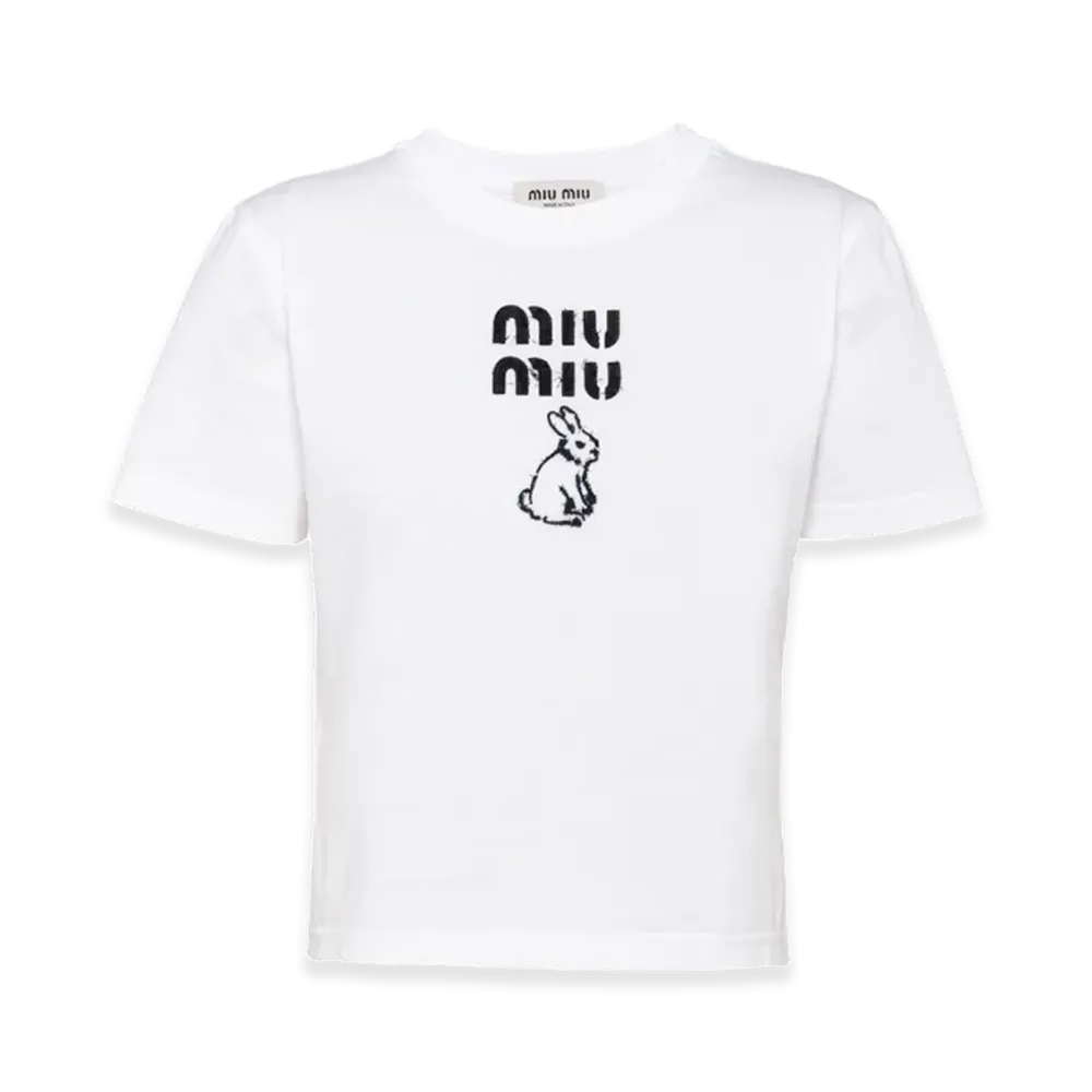 MIU MIU Women's Embroidered Cotton Cropped T-shirt "White"