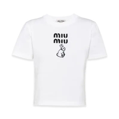 MIU MIU Women's Embroidered Cotton Cropped T-shirt "White"