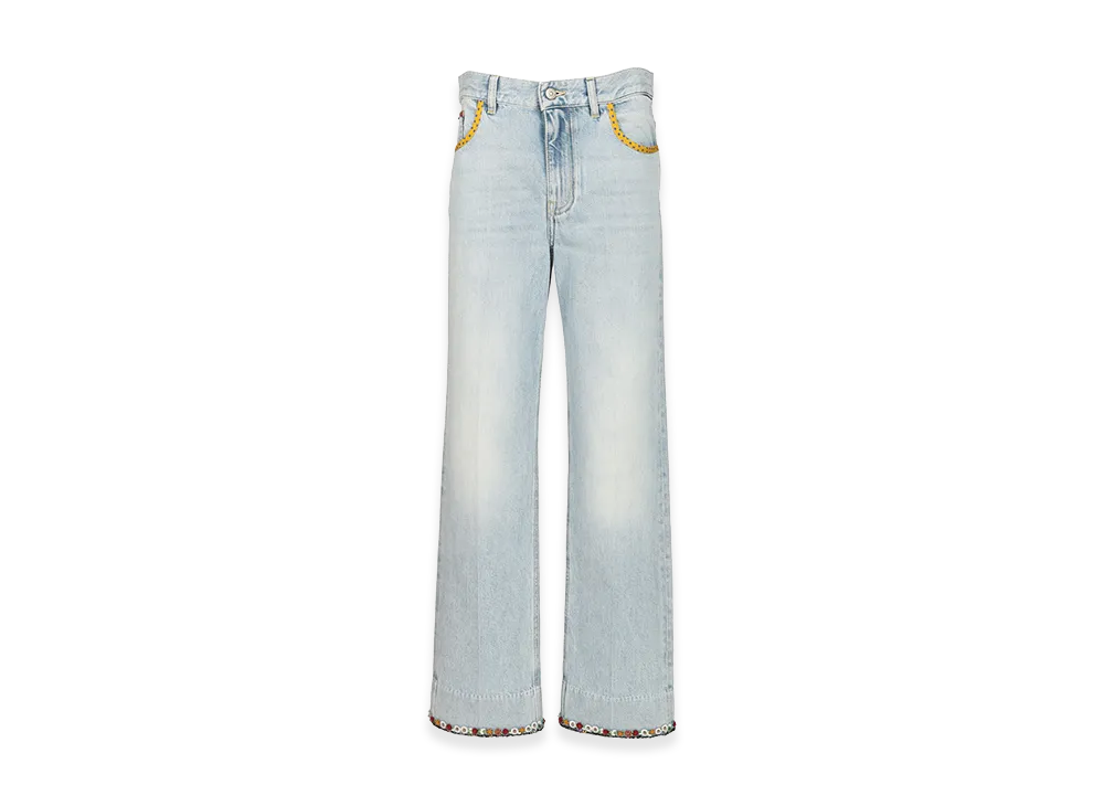 Valentino Women's Denim Trousers With Embroidered Flower Trim "Blue"