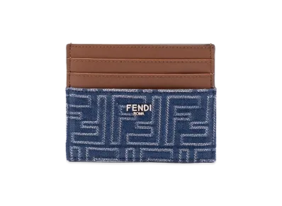 FENDI Leather And Denim-Effect FF Jacquard Card Holder "Blue"