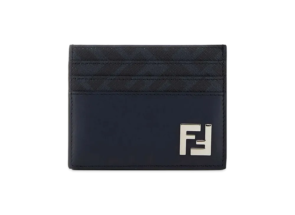 FENDI FF Squared Leather And FF Canvas Card Holder "Blue"