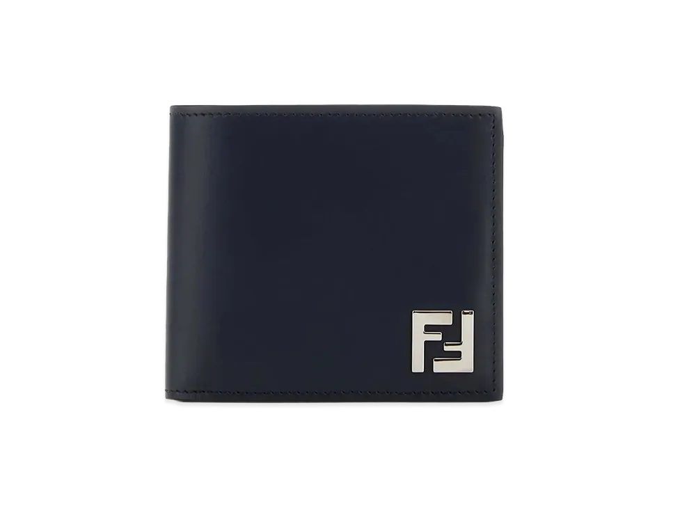 FENDI Squared FF Leather And FF Canvas Compact Bi-Fold Wallet "Blue"