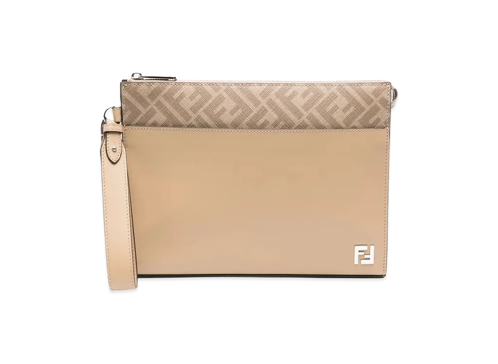 FENDI FF Squared Leather And FF Canvas Clutch "Beige"