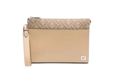 FENDI FF Squared Leather And FF Canvas Clutch "Beige"