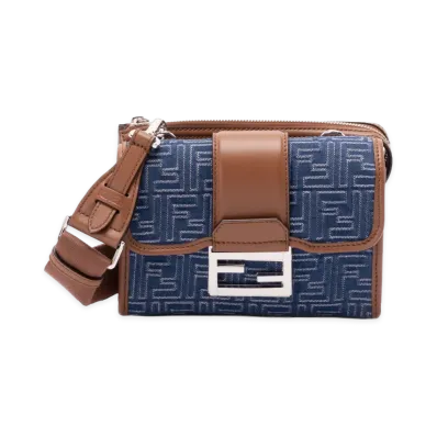 FENDI Borsa Baguette Double In Jacquard FF Effetto Denim E Pelle "Blue"