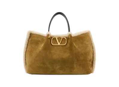 Valentino Women's Suede Vlogo Signature Shopping Bag "Mustard/Yellow"