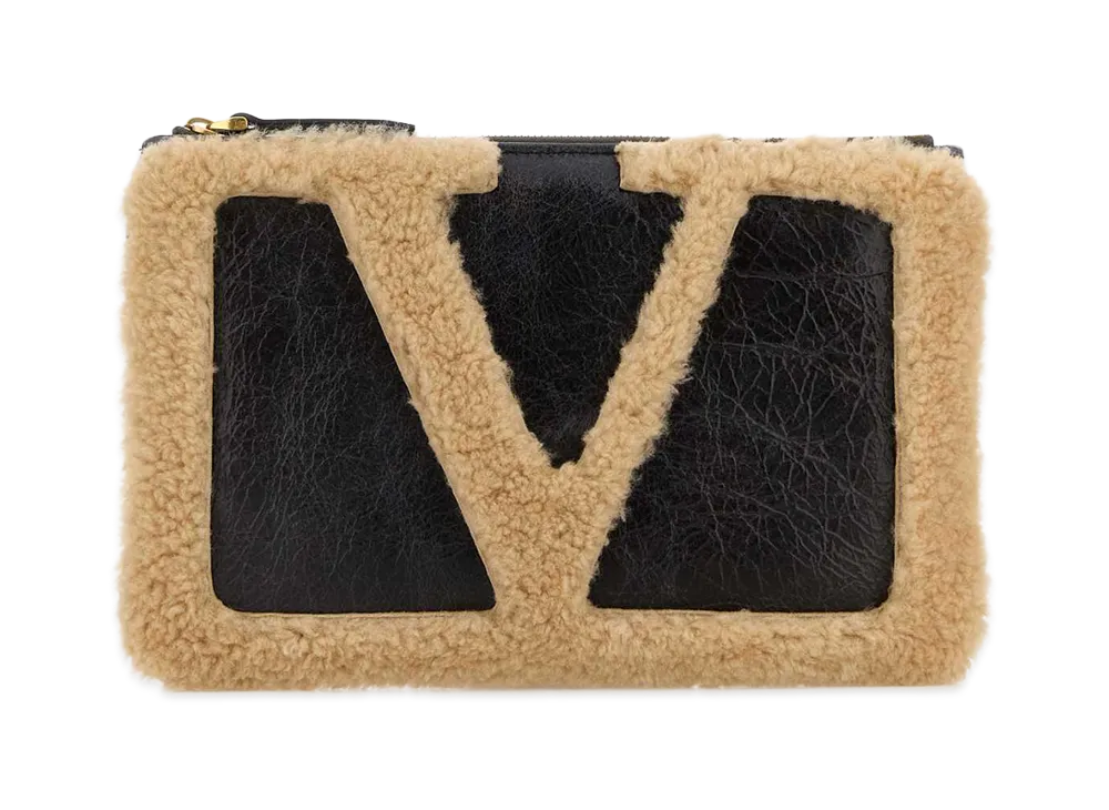 Valentino Women's Two-Tone Shearling Vlogo Signature Clutch "Multicolor"