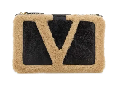 Valentino Women's Two-Tone Shearling Vlogo Signature Clutch "Multicolor"