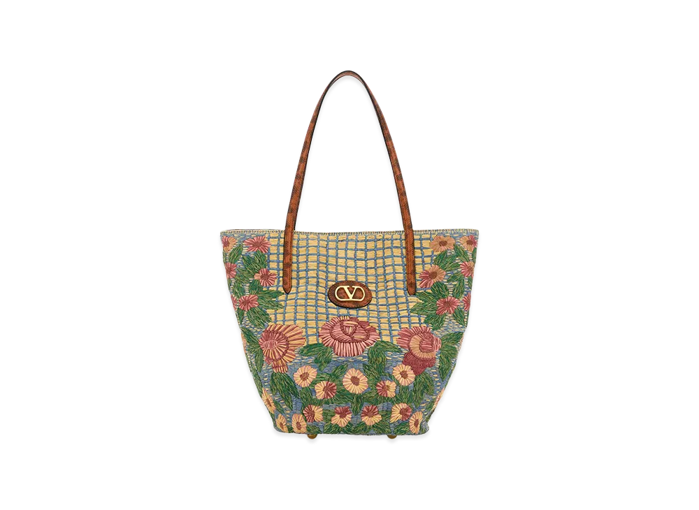 Valentino Women's Embroidered Raffia Vlogo Signature Shopping Bag "Printed"