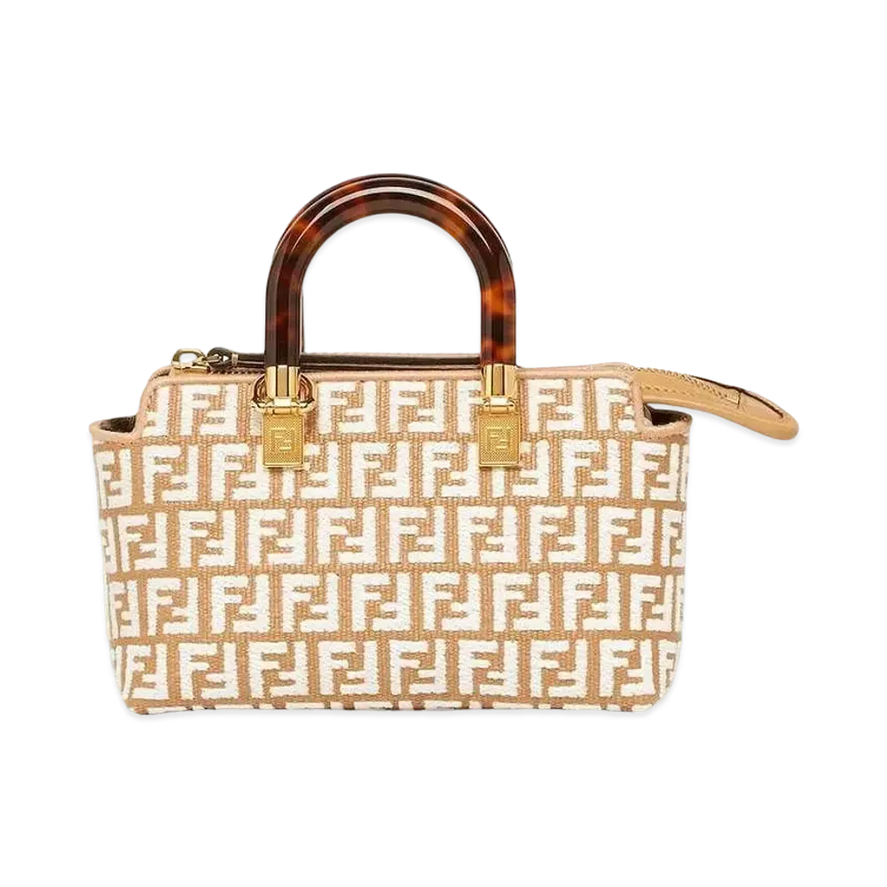 FENDI By The Way Mini Small Raffia Boston Bag With a Tapestry Fabric FF Motif "White"