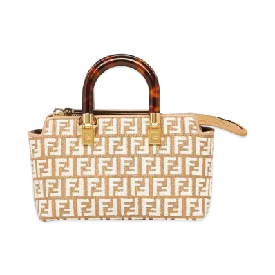 FENDI By The Way Mini Small Raffia Boston Bag With a Tapestry Fabric FF Motif "White"