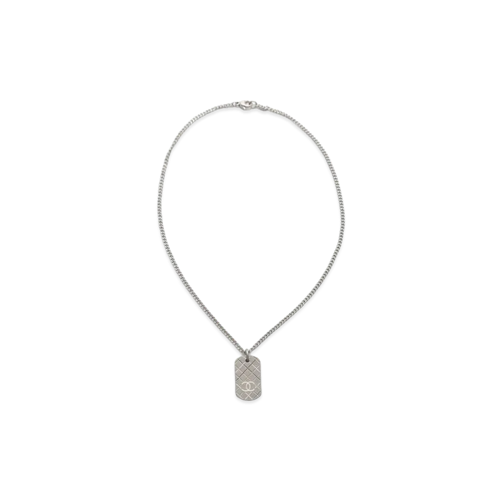 CHANEL Matelasse Dog Tag Necklace "Silver"