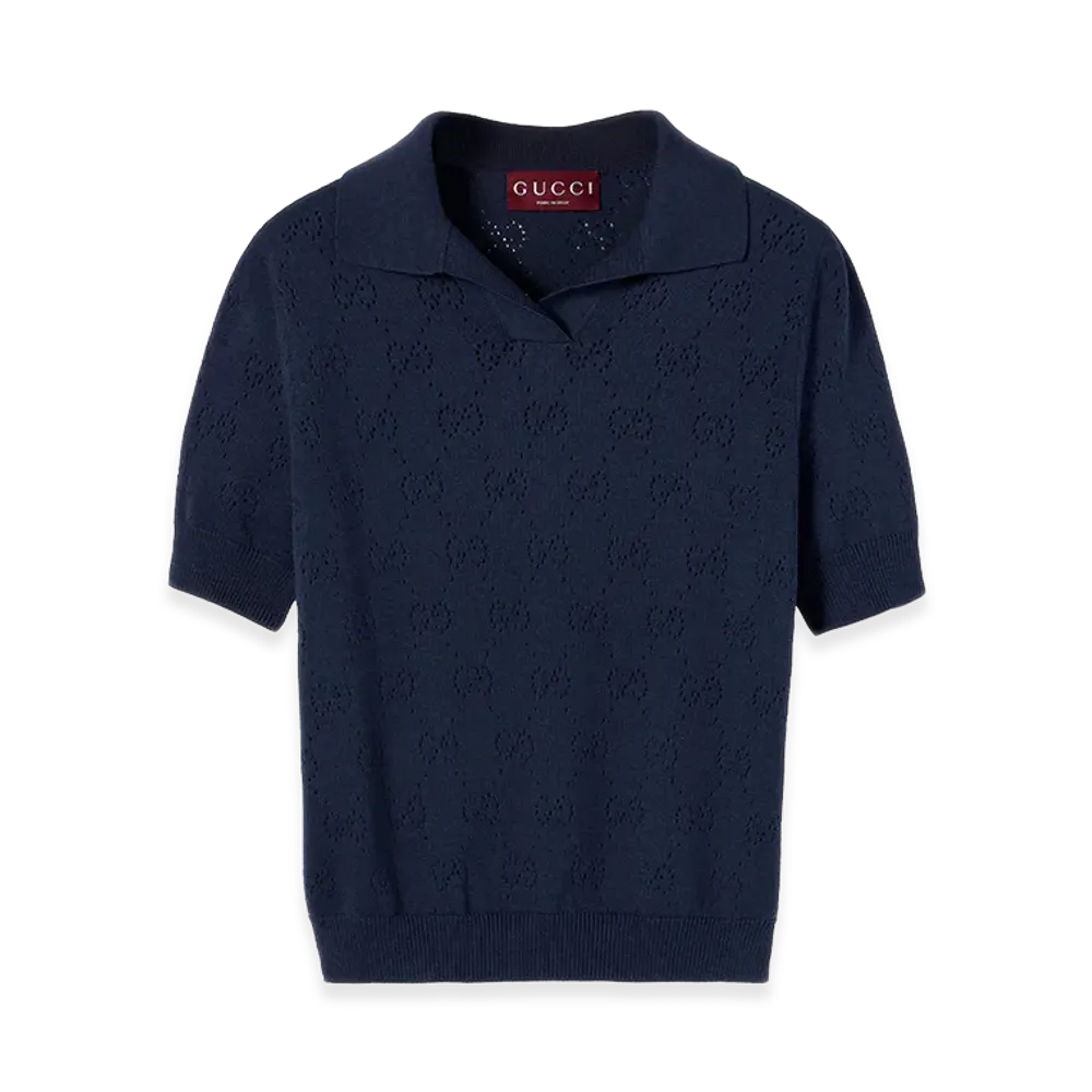 GUCCI Women's Openwork GG Polo Shirt "Blue"