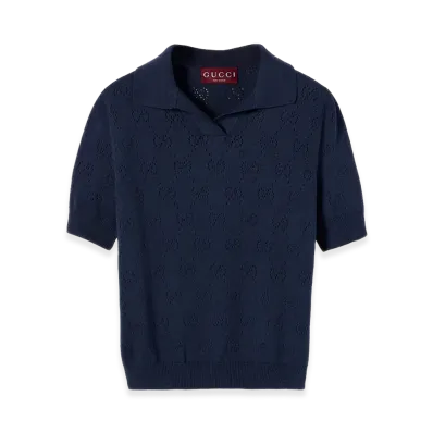 GUCCI Women's Openwork GG Polo Shirt "Blue"