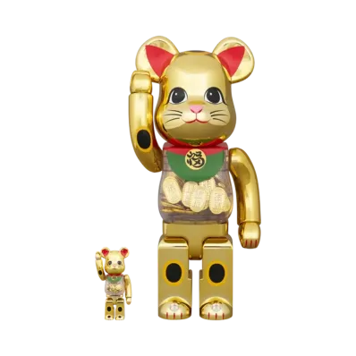 MEDICOM TOY "BEARBRICK" Lucky Cat Oval Good Luck Gold Plated 100% & 400%