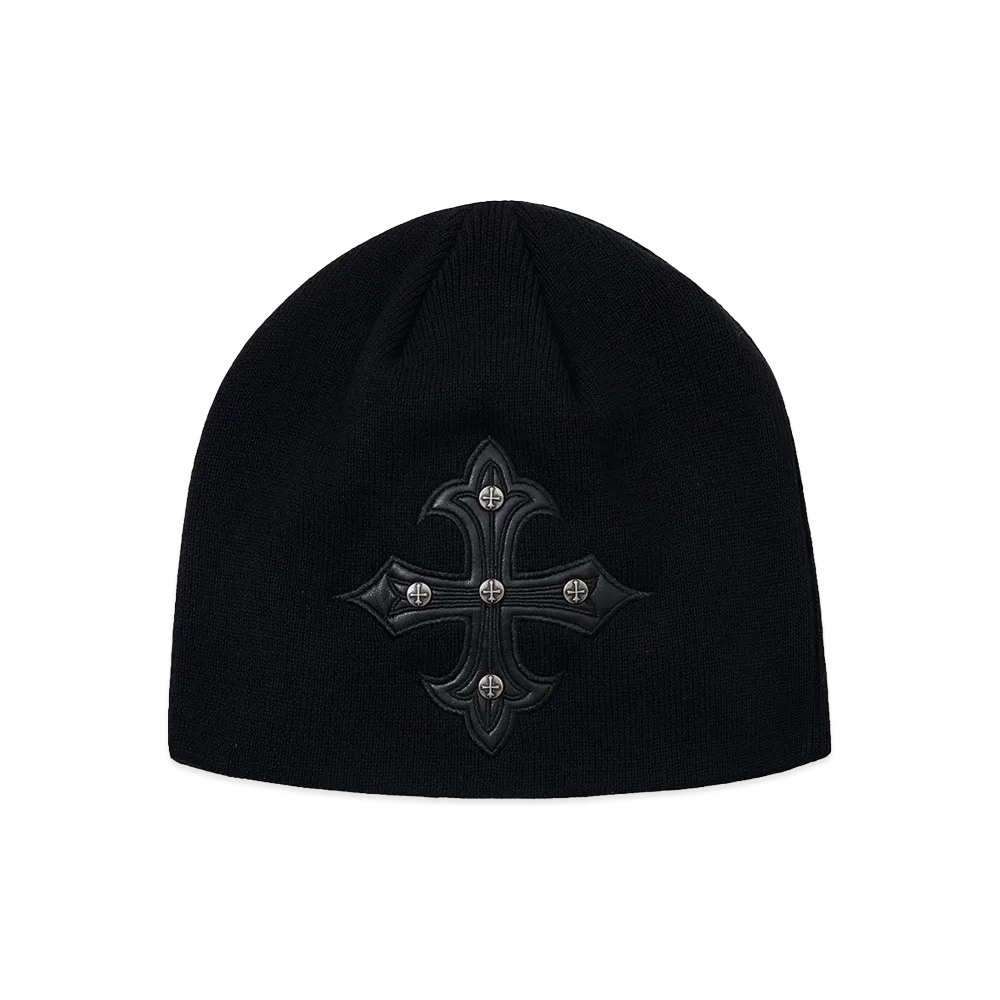 SUPPLIER Cross Leather Patch Brim Knit Beanie "Black"