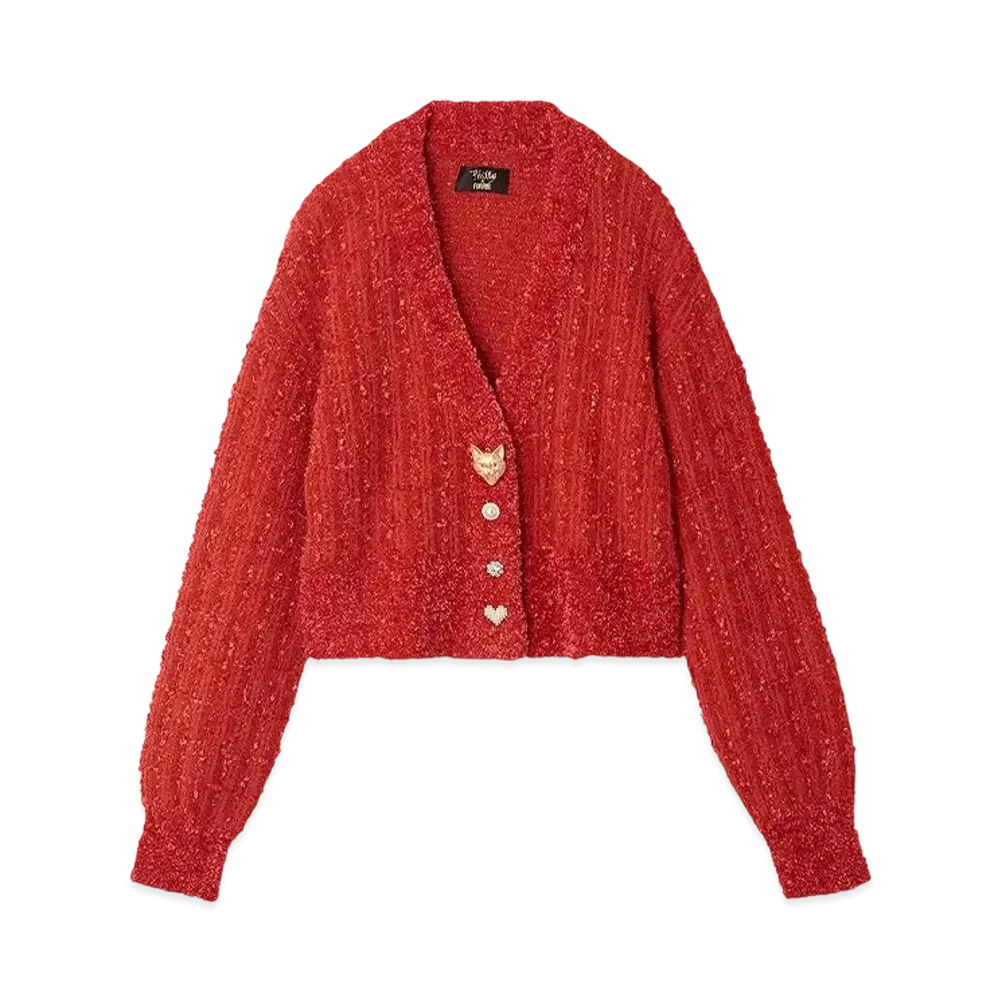 FURFUR x Philly chocolate Cat Button Tweed Cardigan "Red"