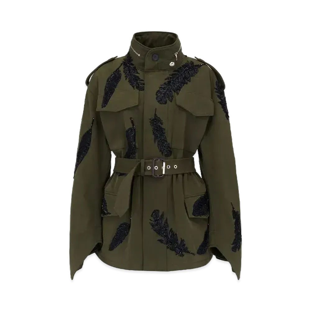 Alexander McQUEEN Feather Embroidered Parka Jacket "Khaki"