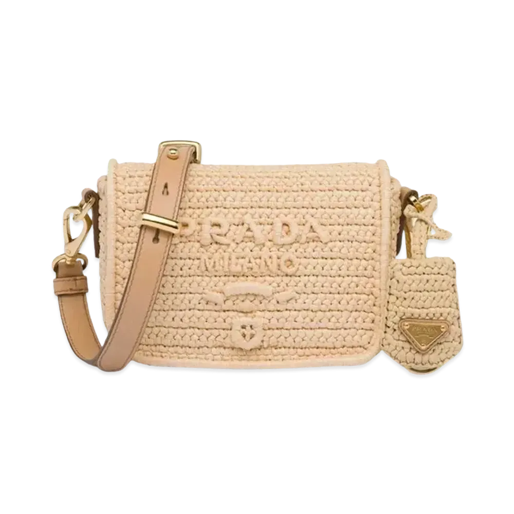 PRADA Crochet Leather Shoulder Bag Flap Closure "Natural"