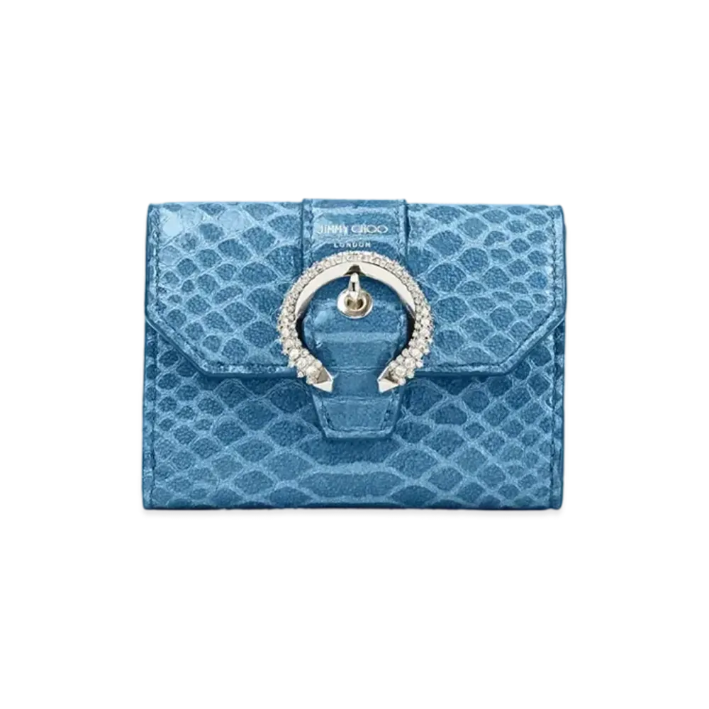 Jimmy Choo Hanne Gel Snake Printed Leather Wallet With Crystal Buckle "Butterfly Blue"