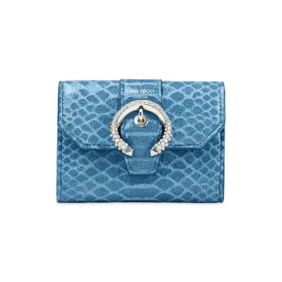 Jimmy Choo Hanne Gel Snake Printed Leather Wallet With Crystal Buckle "Butterfly Blue"