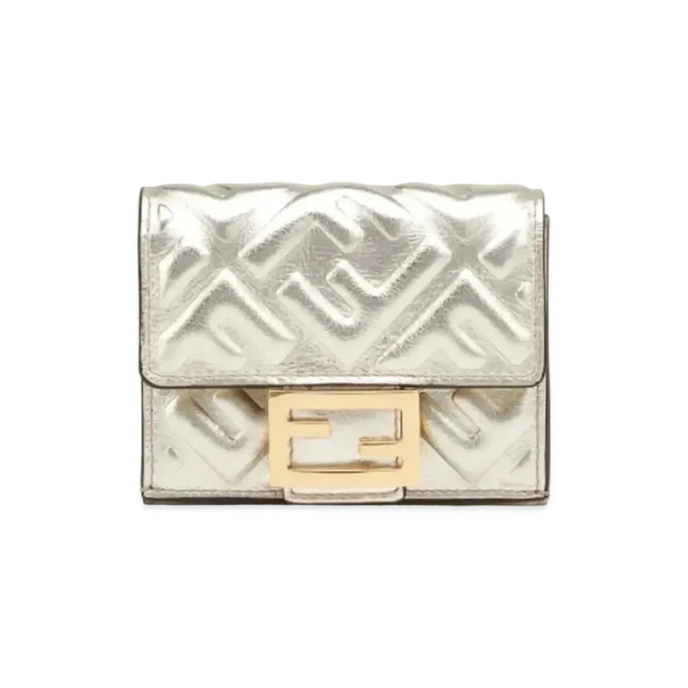 FENDI Micro Three-Fold Wallet Metallic Leather Wallet "Silver"