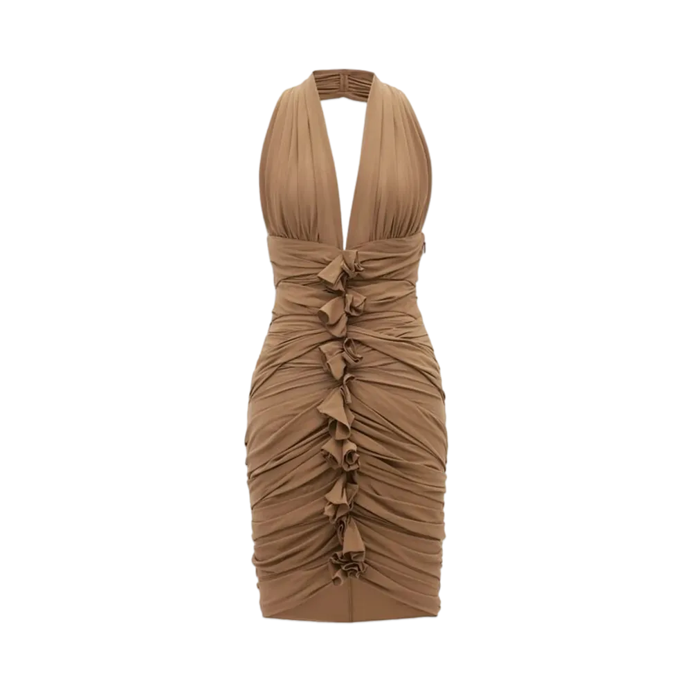Saint Laurent Women's Halter Dress in Silk Crepe "Dark Beige"