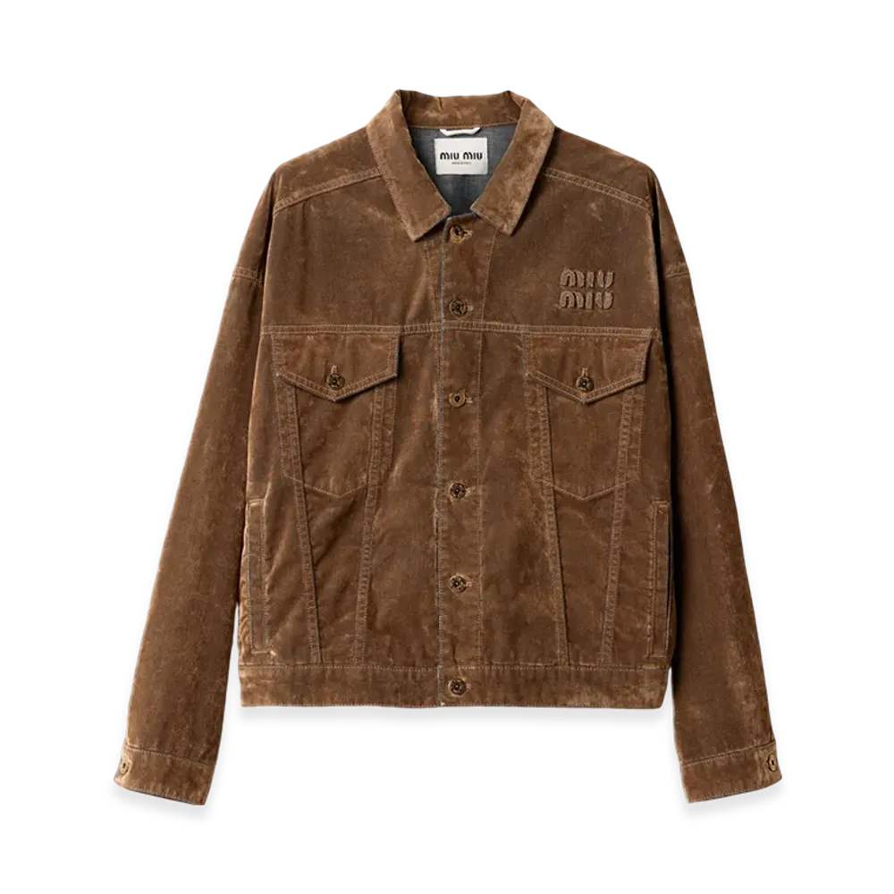 MIU MIU Women's Washed Flocked Chambray Blouson Jacket "Tobacco"
