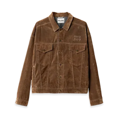 MIU MIU Women's Washed Flocked Chambray Blouson Jacket "Tobacco"