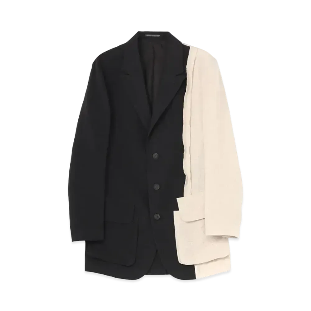 Yohji Yamamoto Pour Homme LINEN/COTTON/NAYLON + LINEN PEAK LEFT FRONT PATCHWORK JACKET "Black"