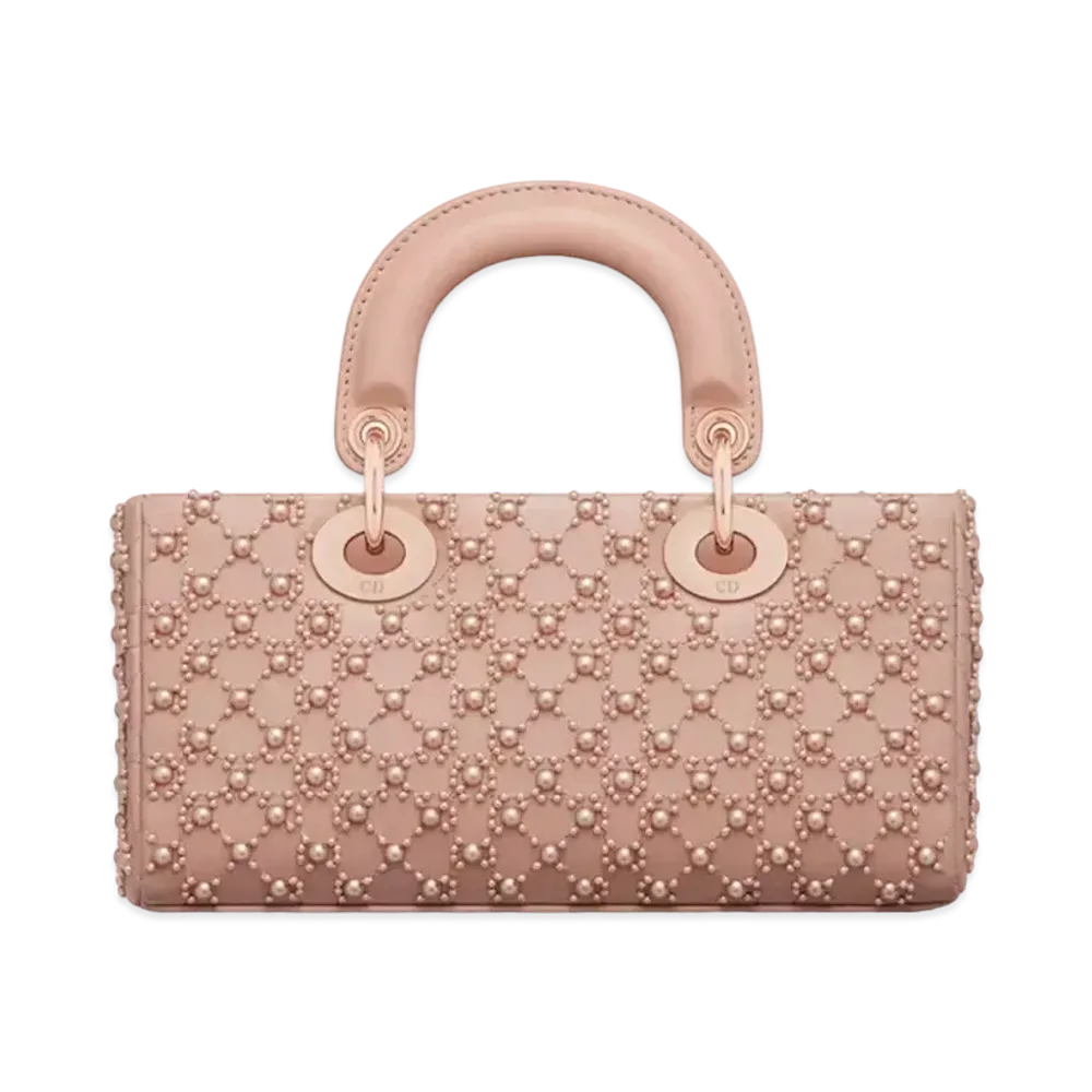 Dior Small Lady D-Joy Bag Cannage Calfskin Embroidered Resin Pearls "Rose Des Vents"