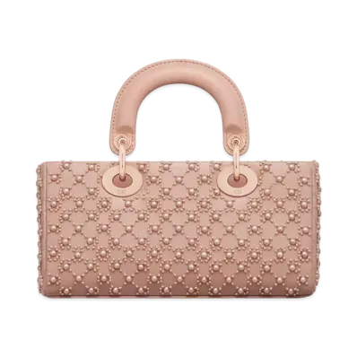 Dior Small Lady D-Joy Bag Cannage Calfskin Embroidered Resin Pearls "Rose Des Vents"